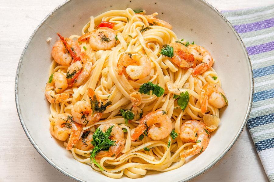 Prawn pasta with a garlic, butter and white wine sauce, and a hint of chilli